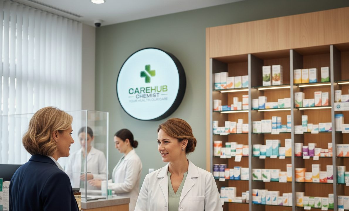Inside CareHub Chemist in Blackburn, a pharmacist helping a customer